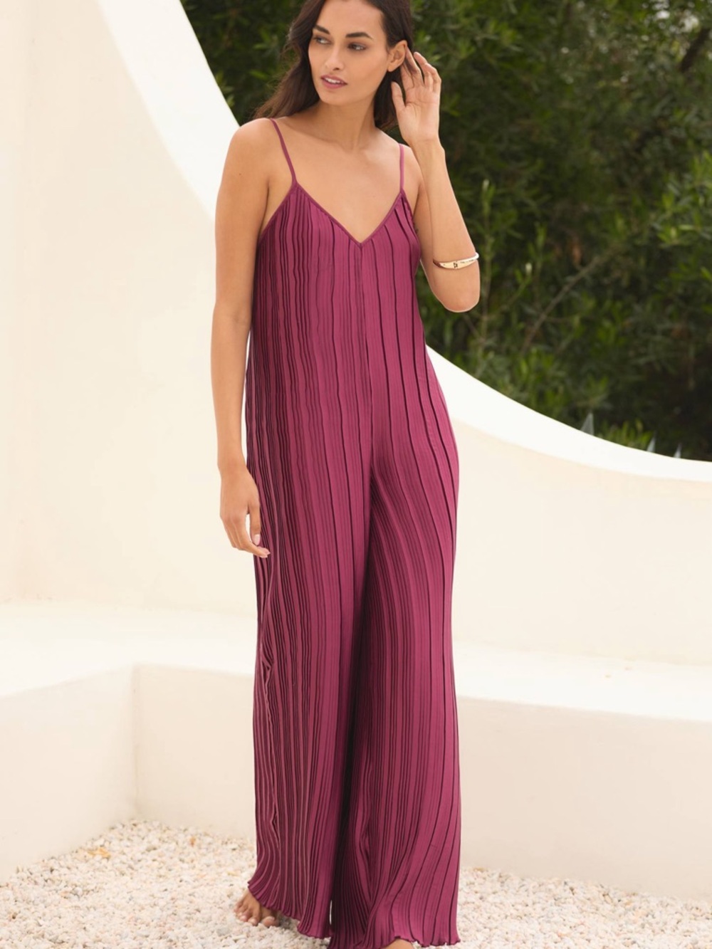 Anthro Pleated Wine Jumpsuit Wide Leg Strappy Size S NWT